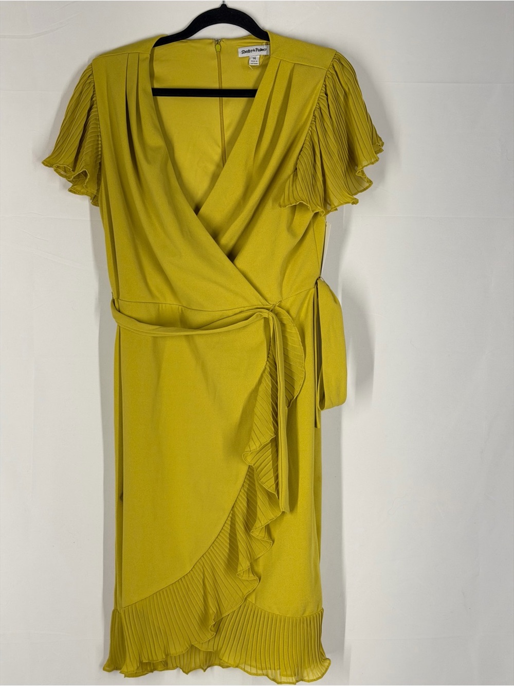 Shelby & Palmer Chartreuse Wrap Midi Dress with Pleated Ruffle Details